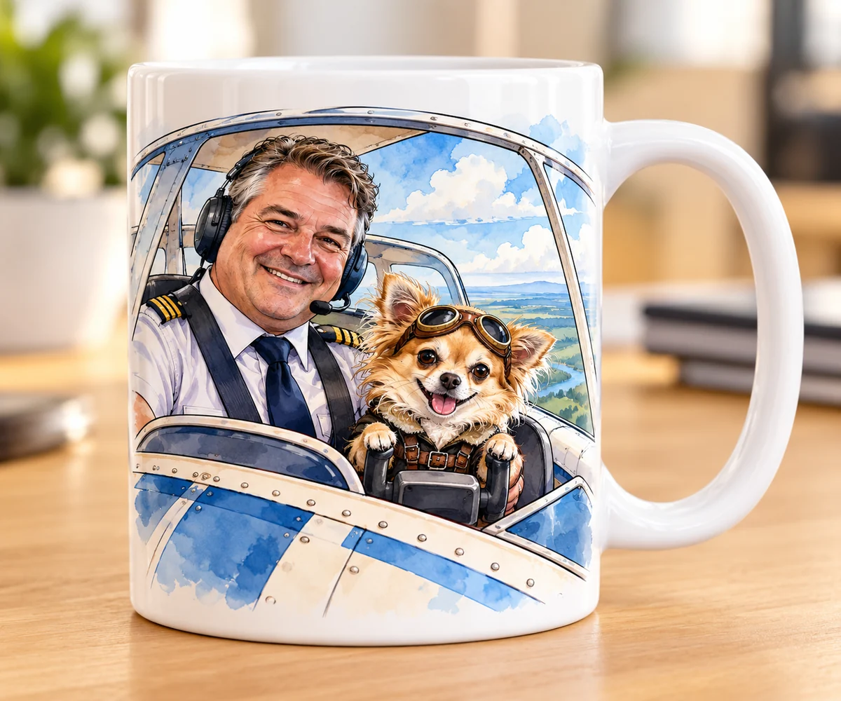 Comic-Tasse mit einem Piloten und seinem Chihuahua als Co-Pilot
