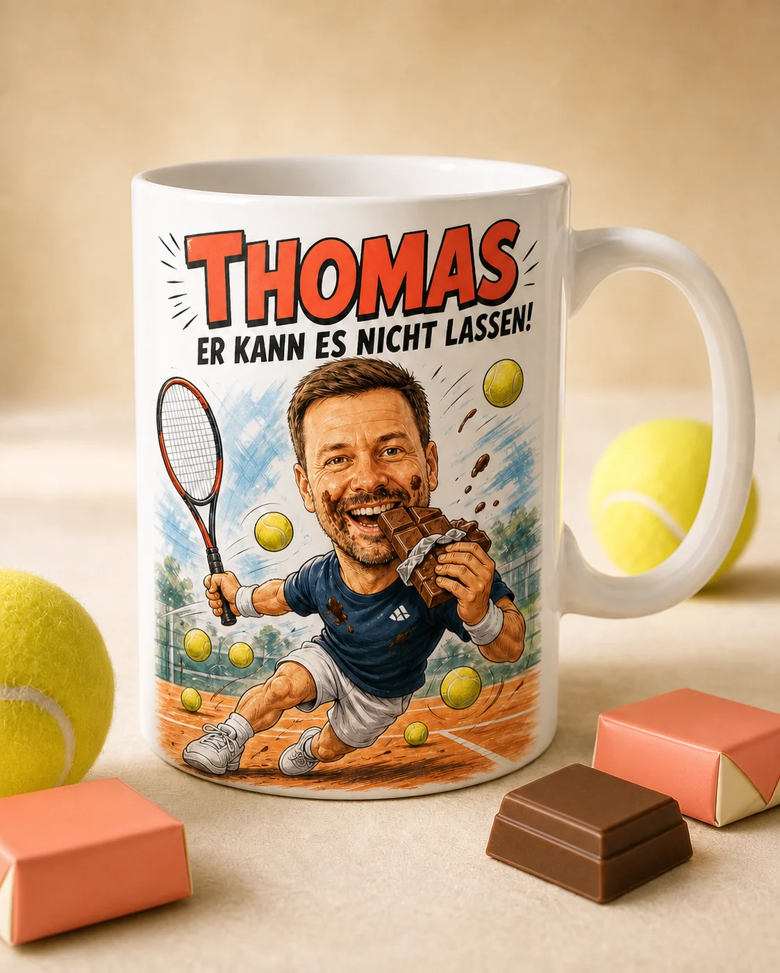 Comic-Tasse mit Thomas beim Tennis und Schokolade